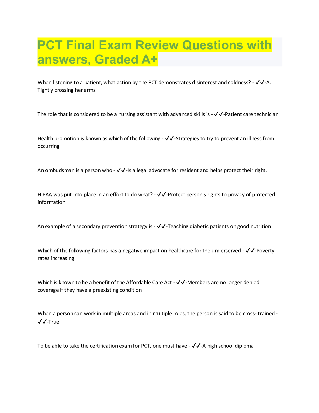 PCT Final Exam Review Questions with answers, Graded A+ Browsegrades